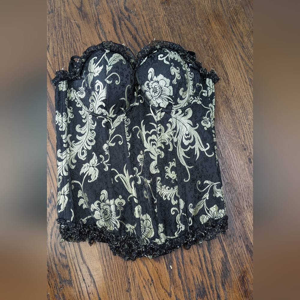 Black & Gold Floral Corset with lace frilly edging